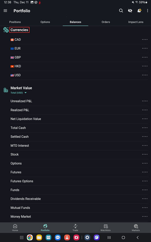 The currencies tab on the android tablet. 